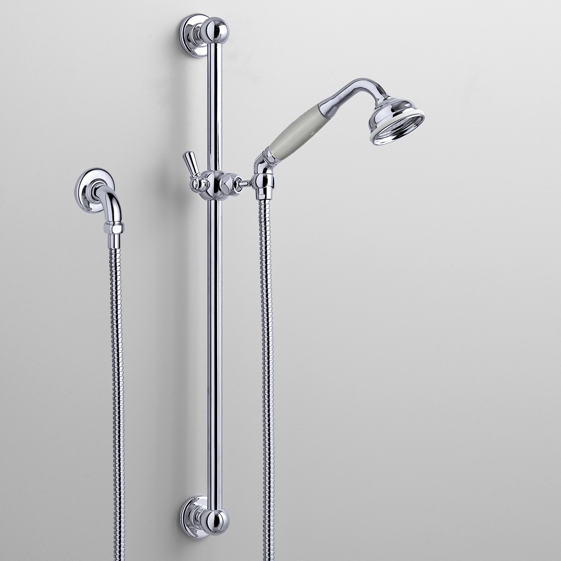 Rockwell rail shower with angled shower head & metal/coloured shower handle