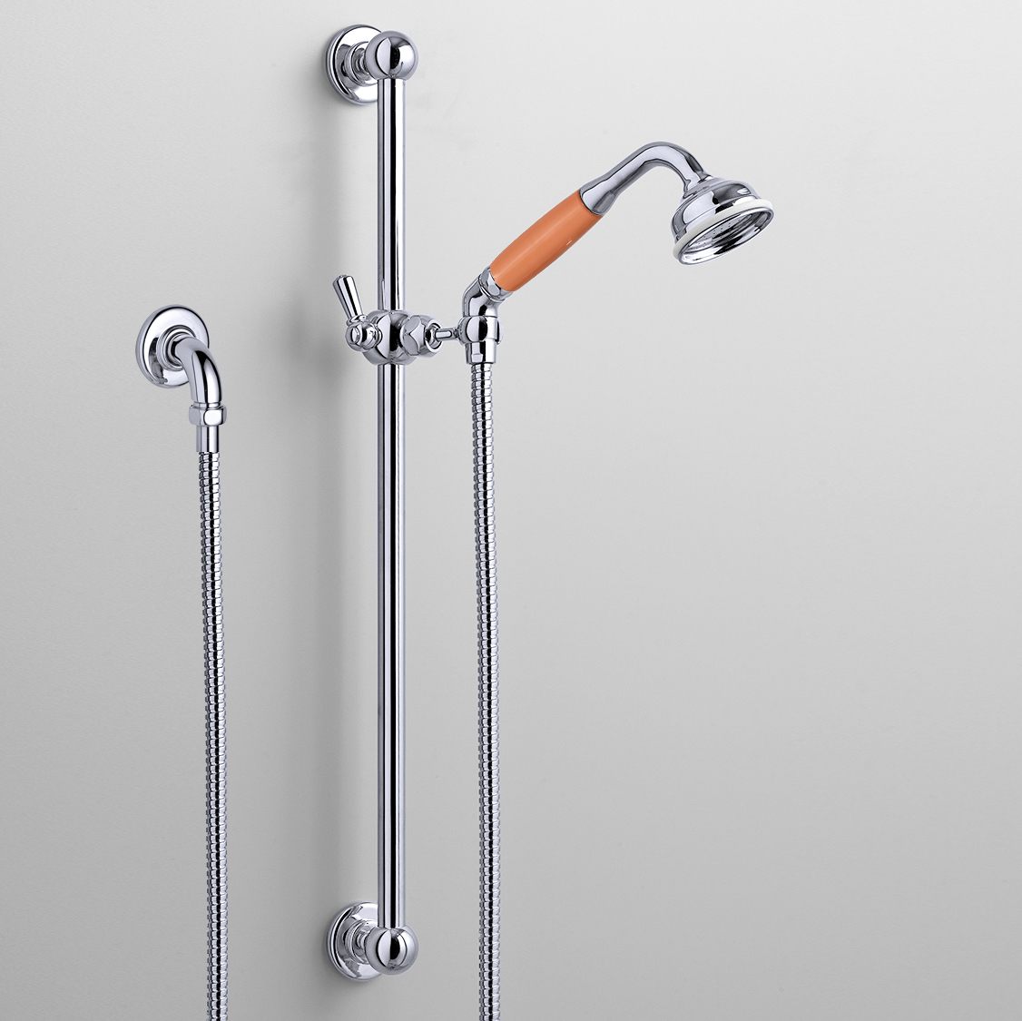 Rockwell rail shower with angled shower head & metal/coloured shower handle