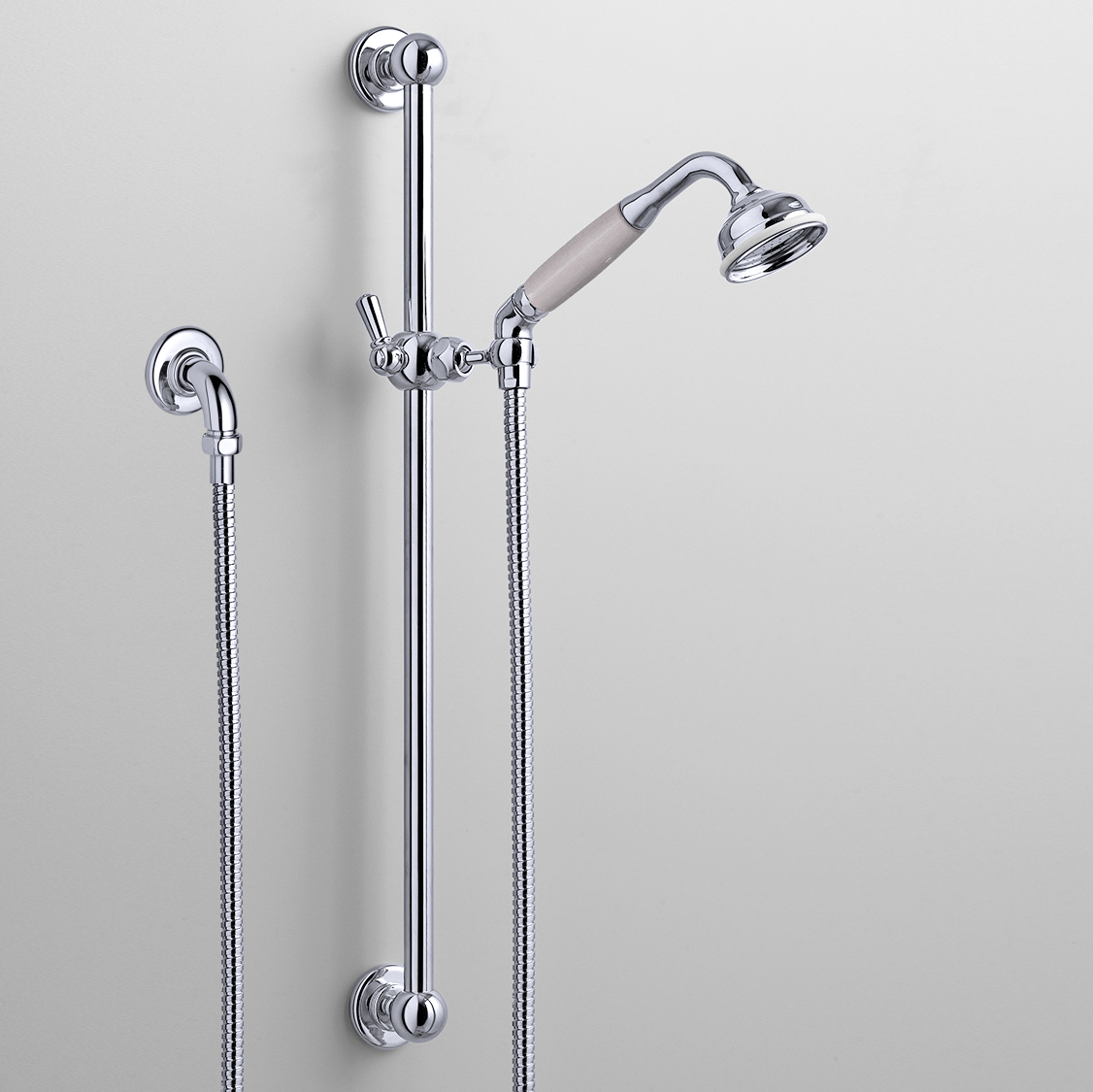 Rockwell rail shower with angled shower head & metal/coloured shower handle