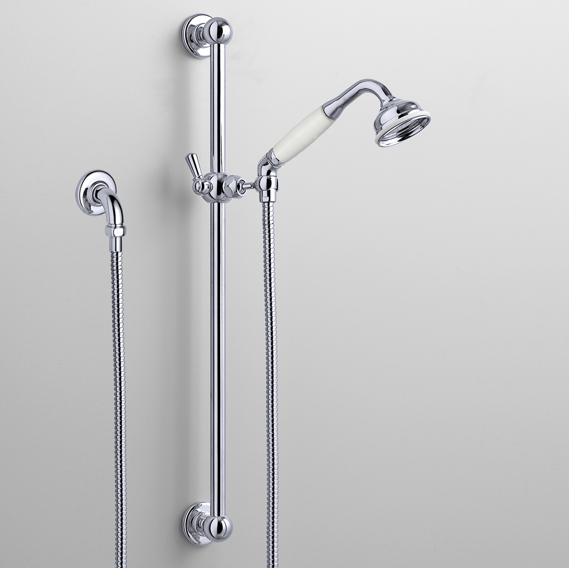 Rockwell rail shower with angled shower head & metal/coloured shower handle