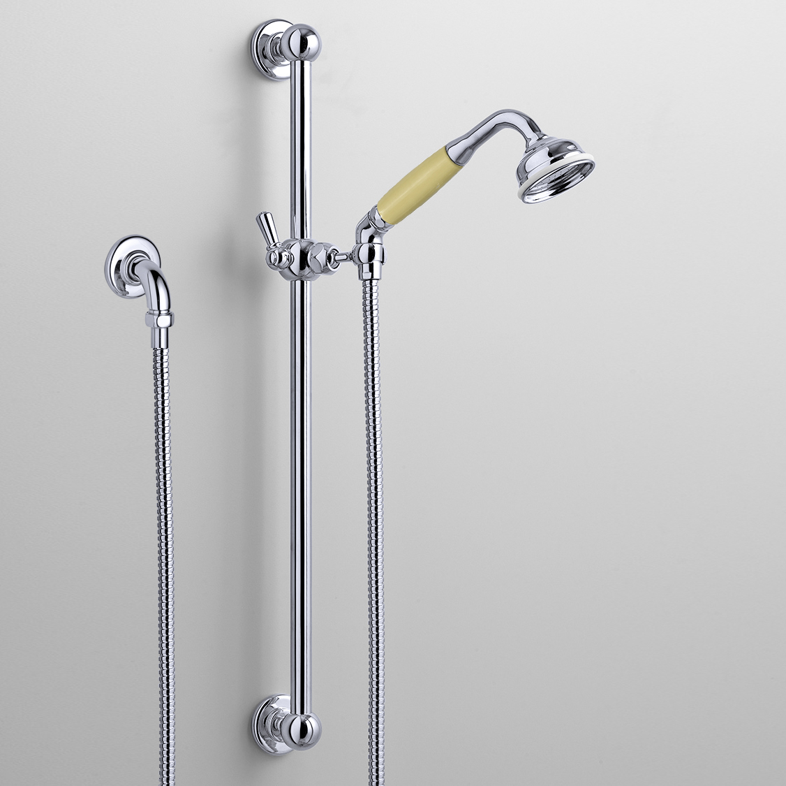 Rockwell rail shower with angled shower head & metal/coloured shower handle