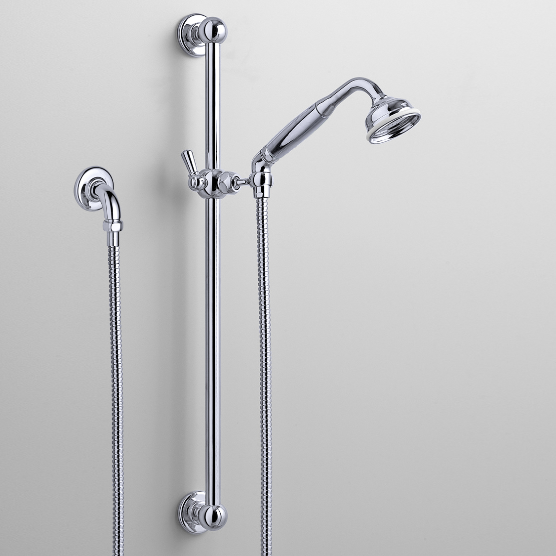 Rockwell rail shower with angled shower head & metal/coloured shower handle