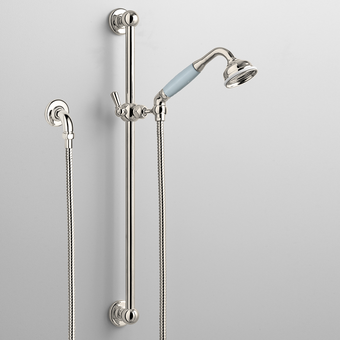 Rockwell rail shower with angled shower head & metal/coloured shower handle