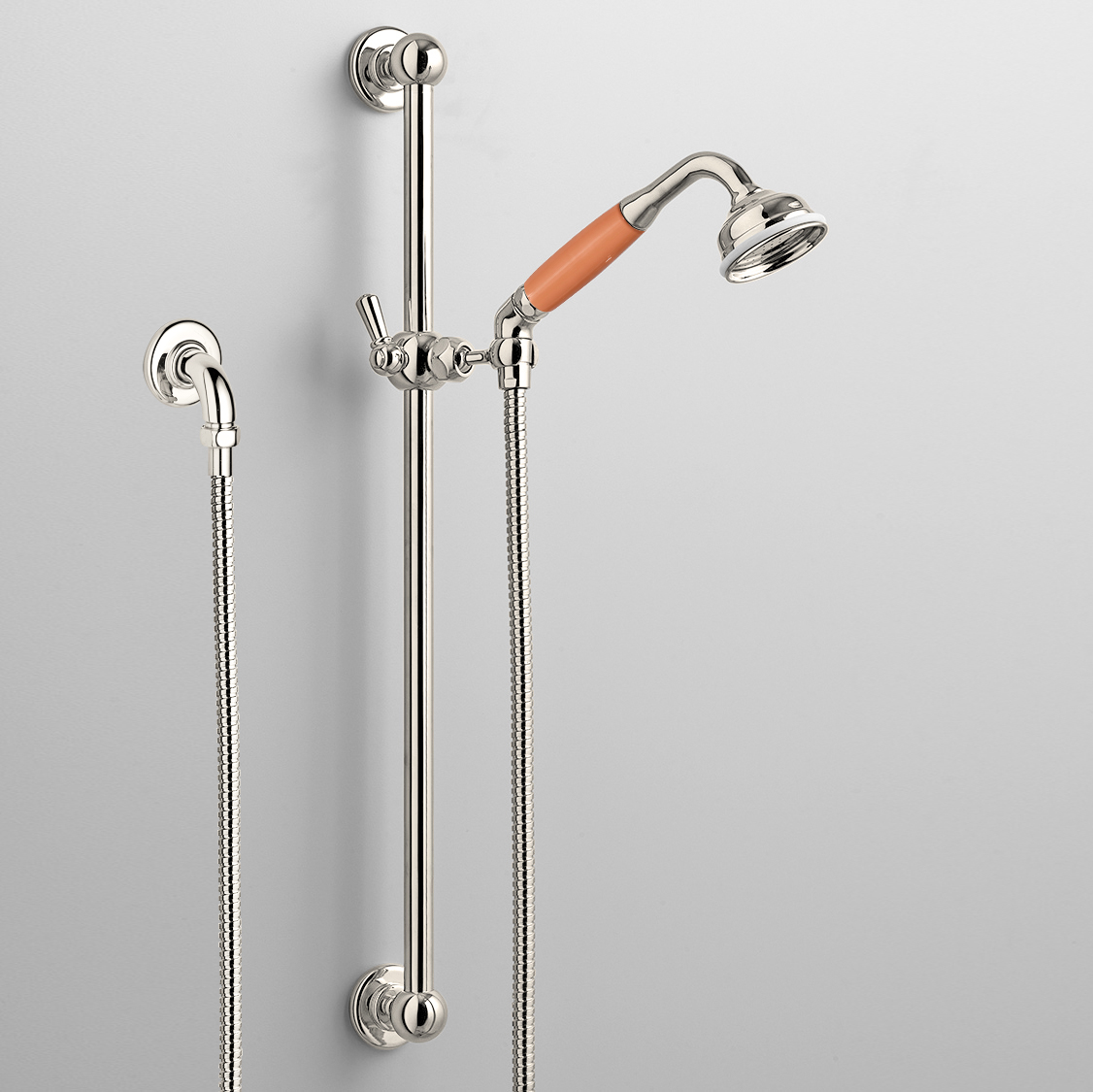 Rockwell rail shower with angled shower head & metal/coloured shower handle