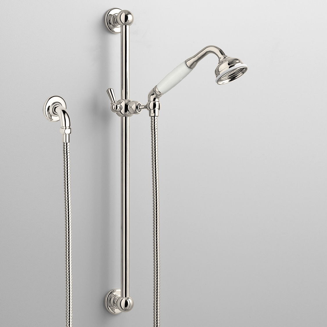 Rockwell rail shower with angled shower head & metal/coloured shower handle