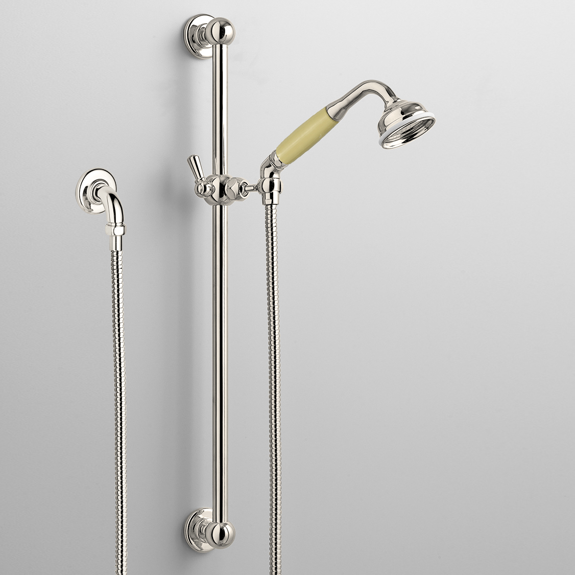 Rockwell rail shower with angled shower head & metal/coloured shower handle