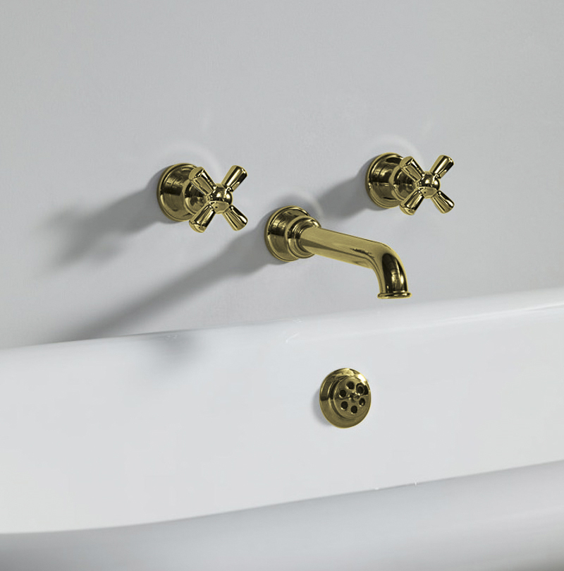 Rockwell wall-mounted bath mixer with 210mm tubular spout & metal/coloured crosshead taps