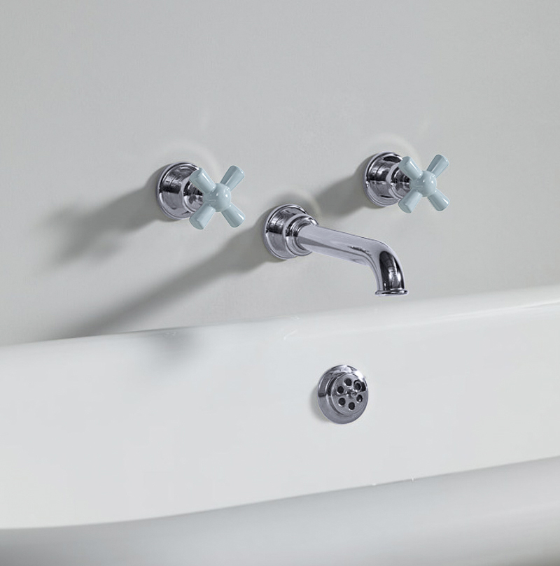 Rockwell wall-mounted bath mixer with 210mm tubular spout & metal/coloured crosshead taps