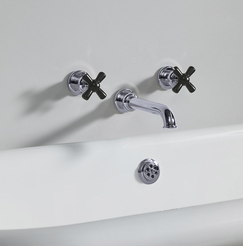 Rockwell wall-mounted bath mixer with 210mm tubular spout & metal/coloured crosshead taps