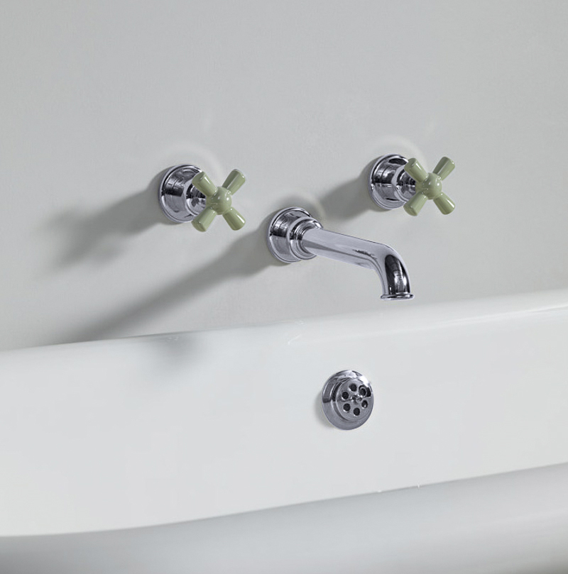 Rockwell wall-mounted bath mixer with 210mm tubular spout & metal/coloured crosshead taps