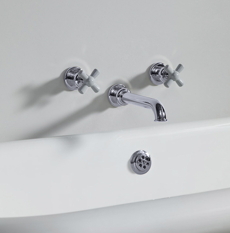 Rockwell wall-mounted bath mixer with 210mm tubular spout & metal/coloured crosshead taps
