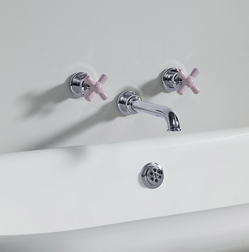 Rockwell wall-mounted bath mixer with 210mm tubular spout & metal/coloured crosshead taps