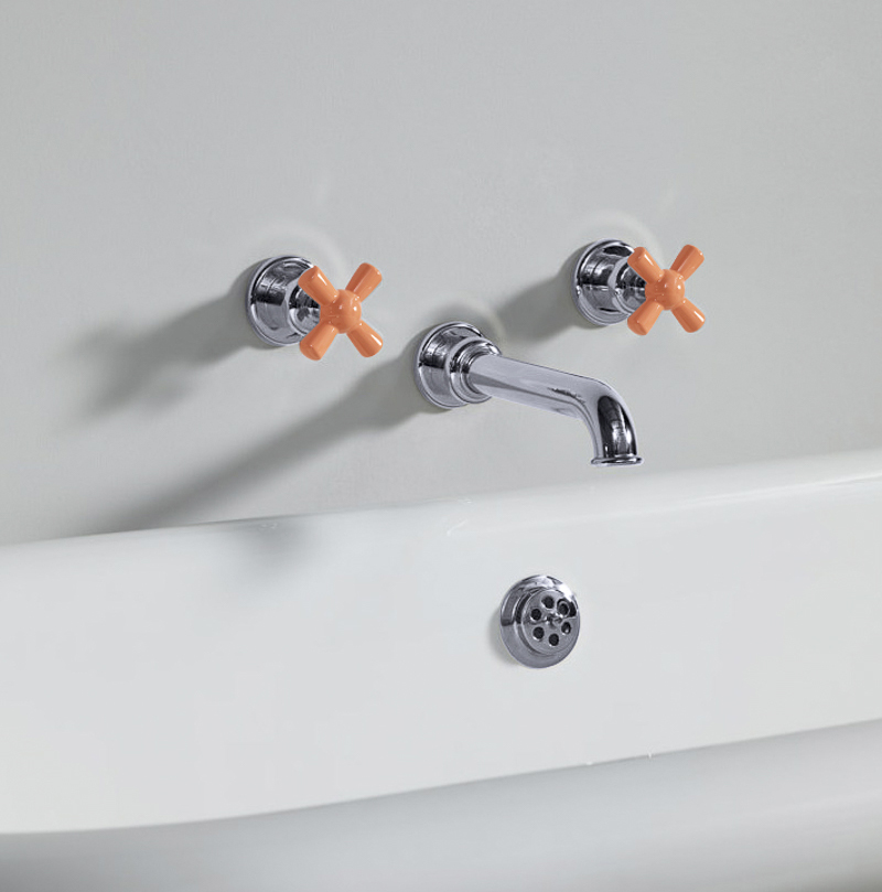 Rockwell wall-mounted bath mixer with 210mm tubular spout & metal/coloured crosshead taps