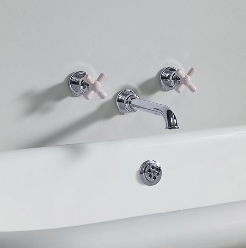Rockwell wall-mounted bath mixer with 210mm tubular spout & metal/coloured crosshead taps