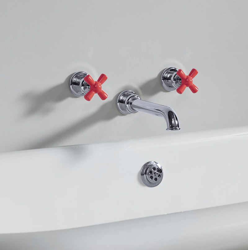 Rockwell wall-mounted bath mixer with 210mm tubular spout & metal/coloured crosshead taps