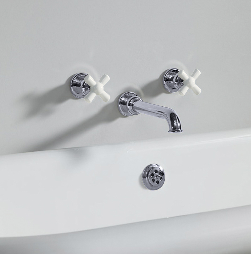 Rockwell wall-mounted bath mixer with 210mm tubular spout & metal/coloured crosshead taps