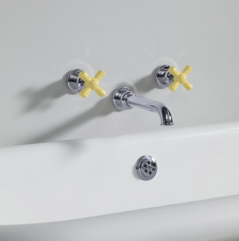 Rockwell wall-mounted bath mixer with 210mm tubular spout & metal/coloured crosshead taps