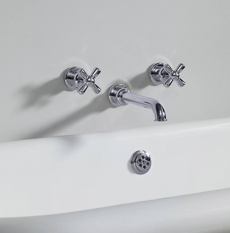 Rockwell wall-mounted bath mixer with 210mm tubular spout & metal/coloured crosshead taps