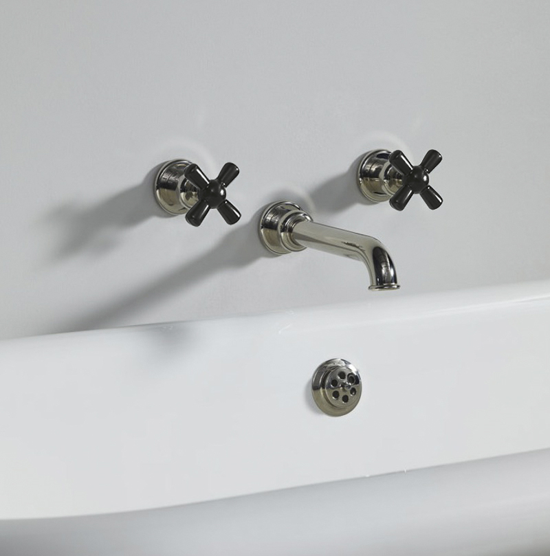Rockwell wall-mounted bath mixer with 210mm tubular spout & metal/coloured crosshead taps