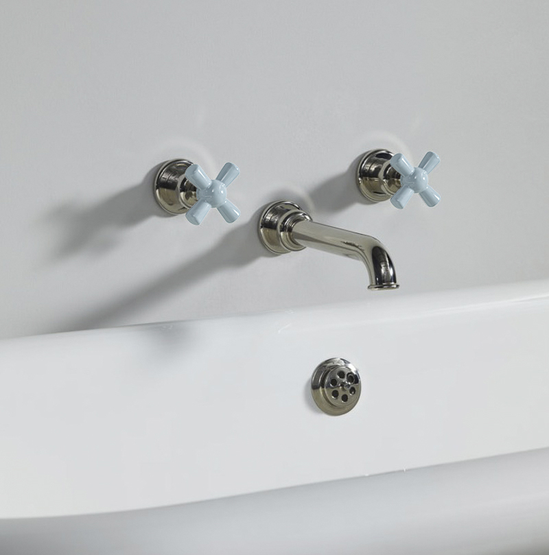 Rockwell wall-mounted bath mixer with 210mm tubular spout & metal/coloured crosshead taps