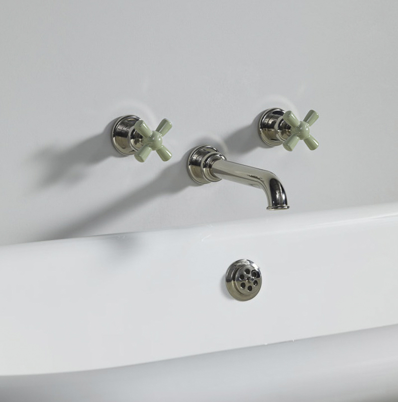 Rockwell wall-mounted bath mixer with 210mm tubular spout & metal/coloured crosshead taps