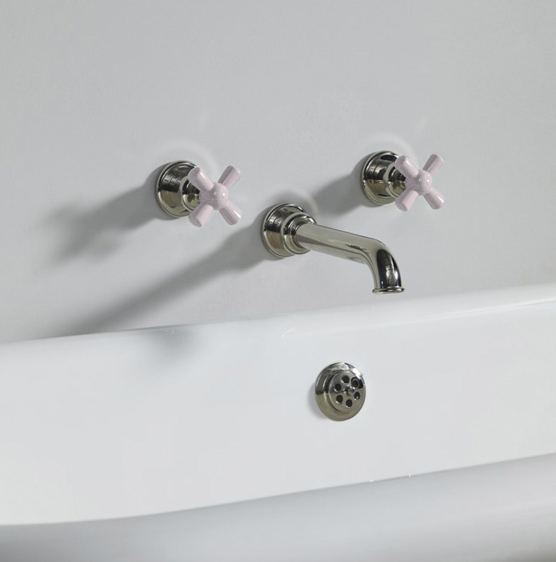 Rockwell wall-mounted bath mixer with 210mm tubular spout & metal/coloured crosshead taps