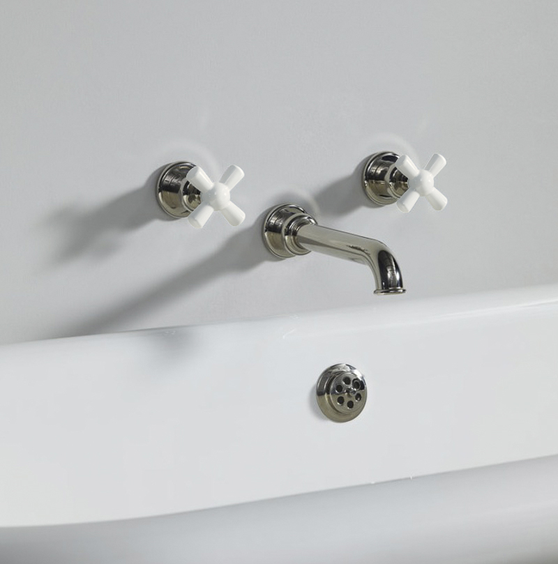 Rockwell wall-mounted bath mixer with 210mm tubular spout & metal/coloured crosshead taps