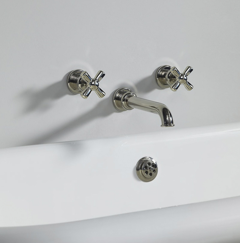 Rockwell wall-mounted bath mixer with 210mm tubular spout & metal/coloured crosshead taps
