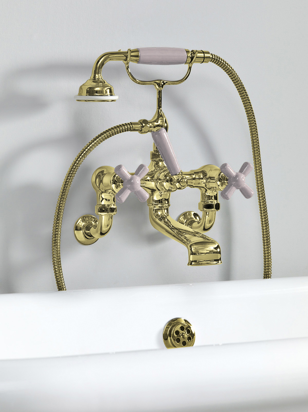 Rockwell wall-mounted bath mixer with handshower & metal/coloured crosshead taps
