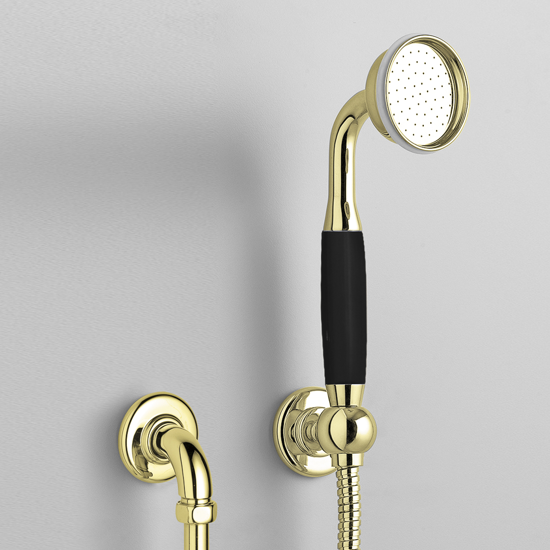 Rockwell straight handshower on hose with wall outlet, parking bracket & metal/coloured shower handle