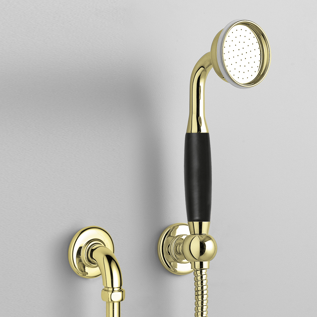 Rockwell straight handshower on hose with wall outlet, parking bracket & metal/coloured shower handle