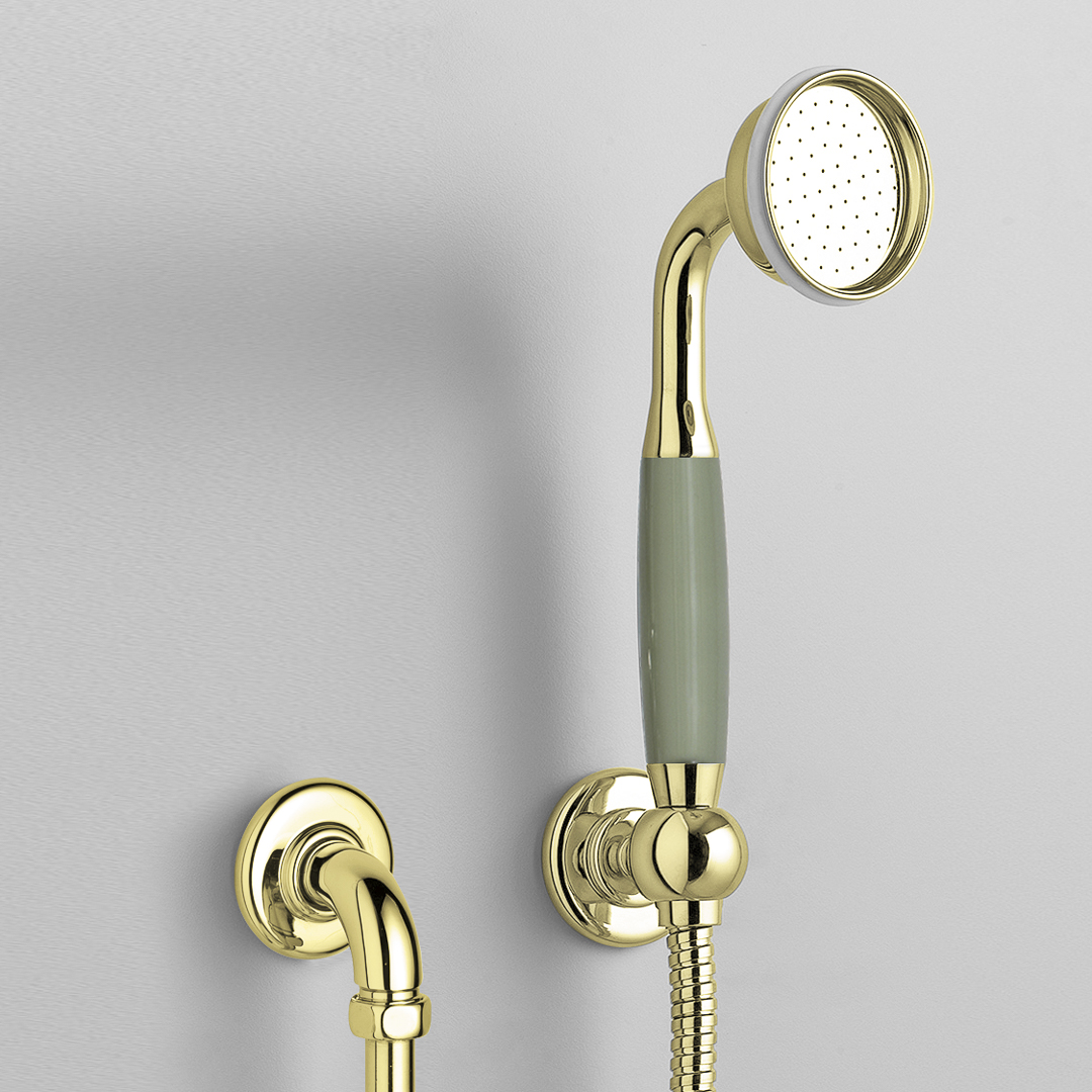Rockwell straight handshower on hose with wall outlet, parking bracket & metal/coloured shower handle