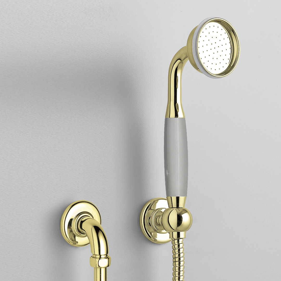 Rockwell straight handshower on hose with wall outlet, parking bracket & metal/coloured shower handle