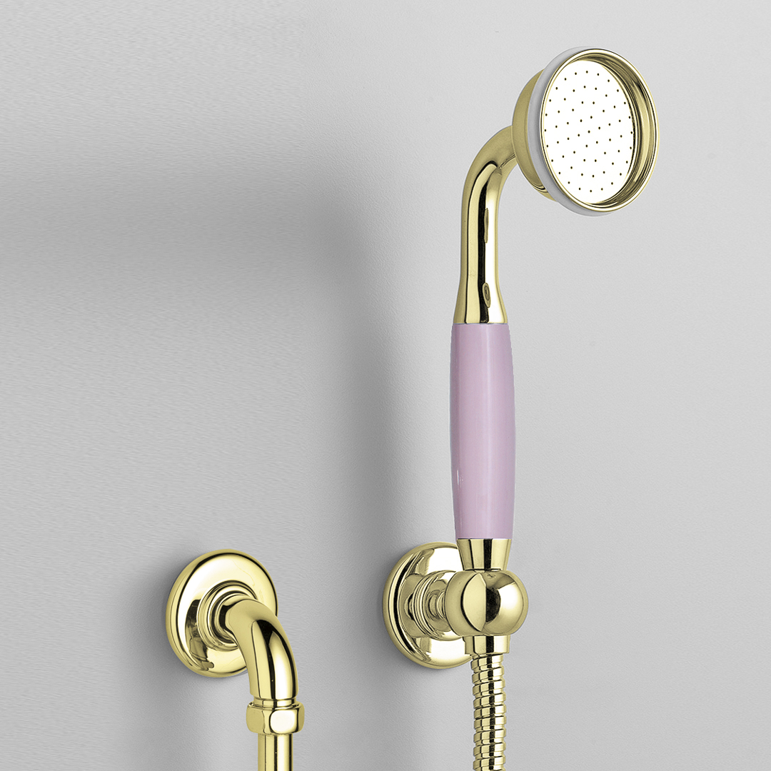 Rockwell straight handshower on hose with wall outlet, parking bracket & metal/coloured shower handle