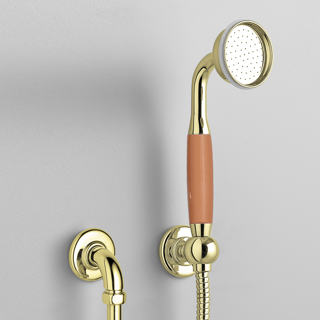Rockwell straight handshower on hose with wall outlet, parking bracket & metal/coloured shower handle
