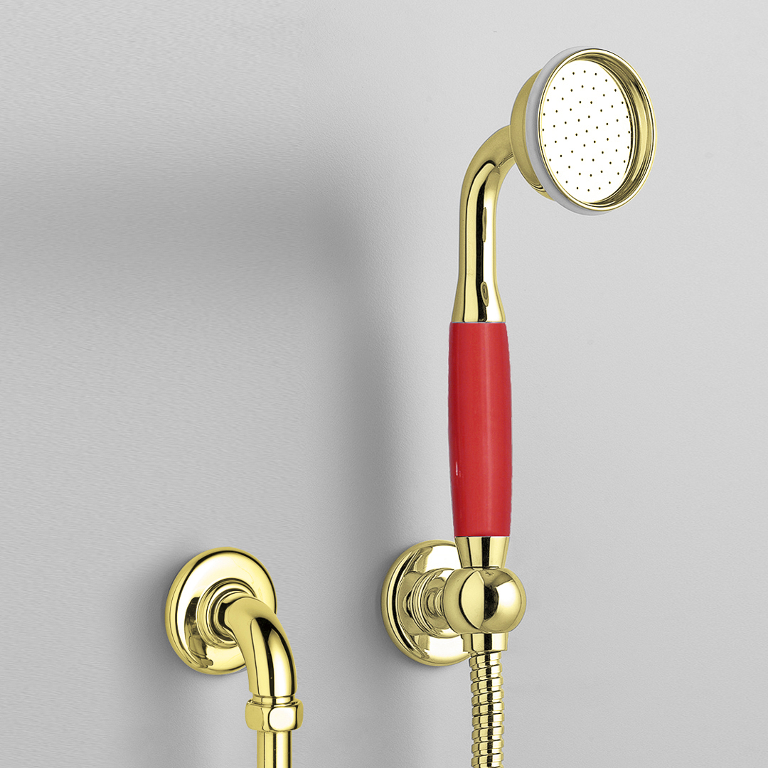 Rockwell straight handshower on hose with wall outlet, parking bracket & metal/coloured shower handle