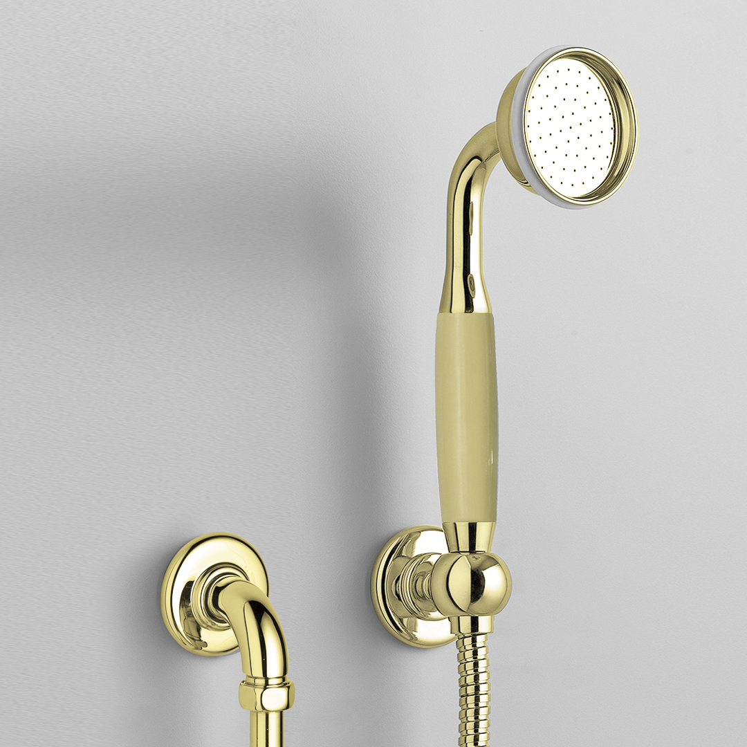 Rockwell straight handshower on hose with wall outlet, parking bracket & metal/coloured shower handle