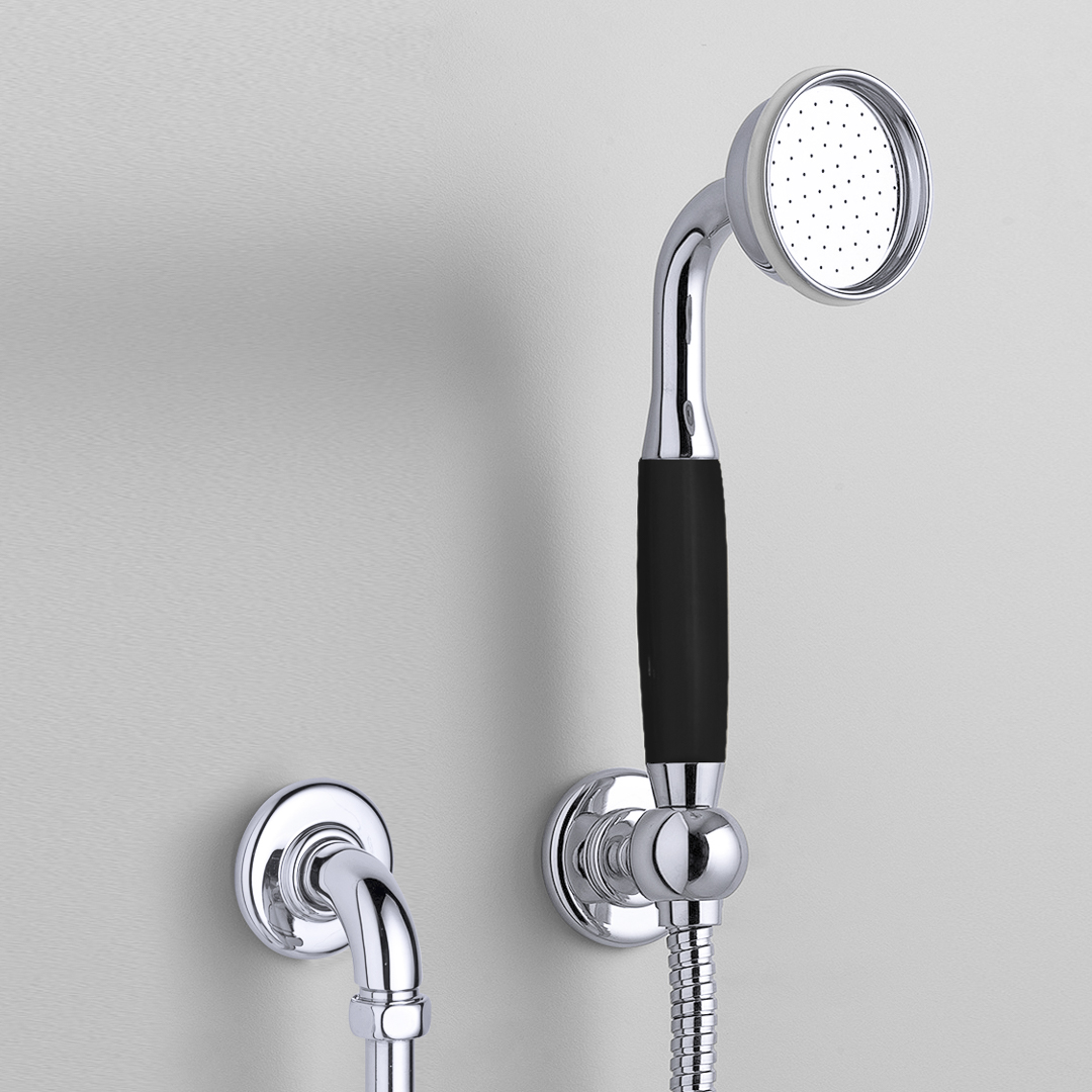 Rockwell straight handshower on hose with wall outlet, parking bracket & metal/coloured shower handle