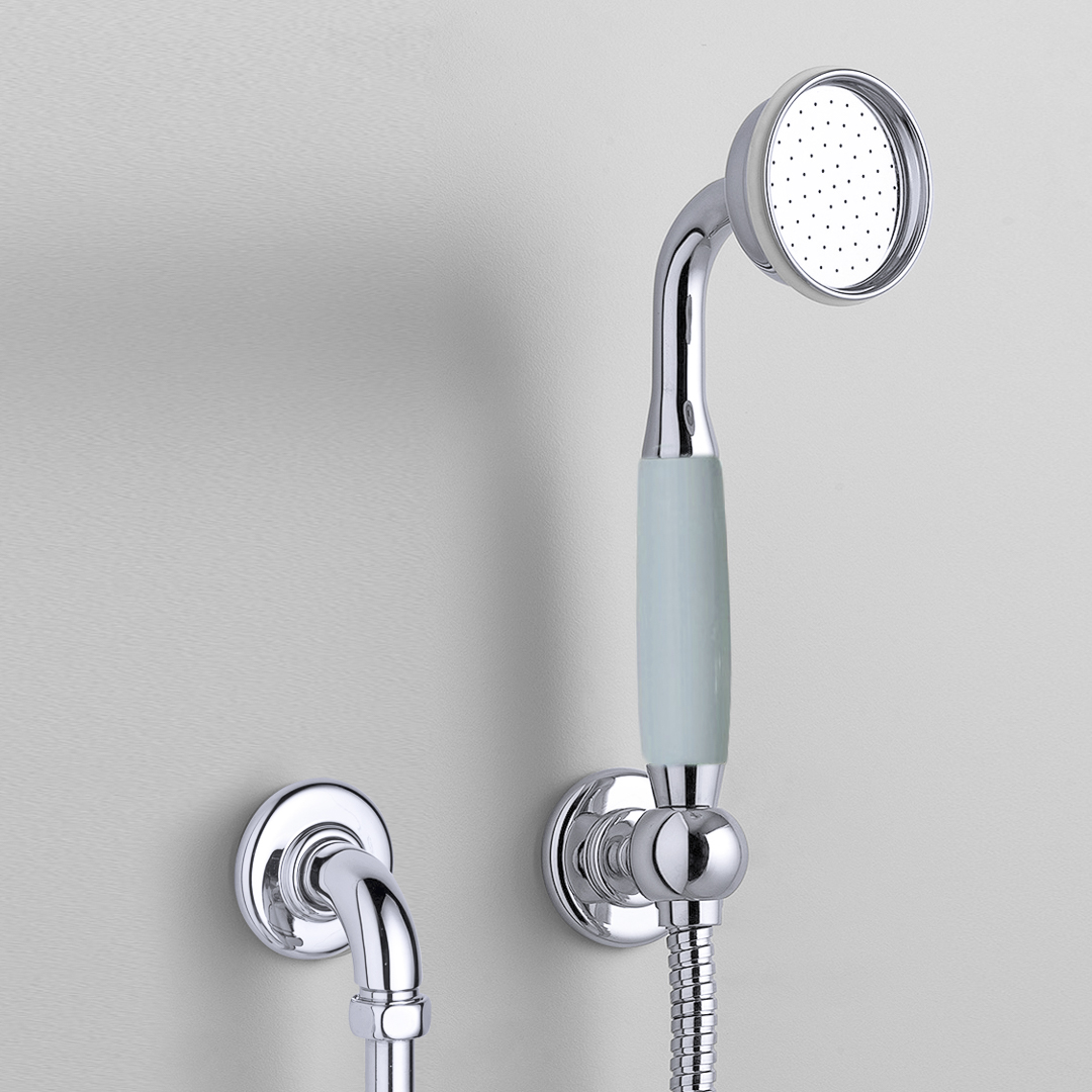 Rockwell straight handshower on hose with wall outlet, parking bracket & metal/coloured shower handle