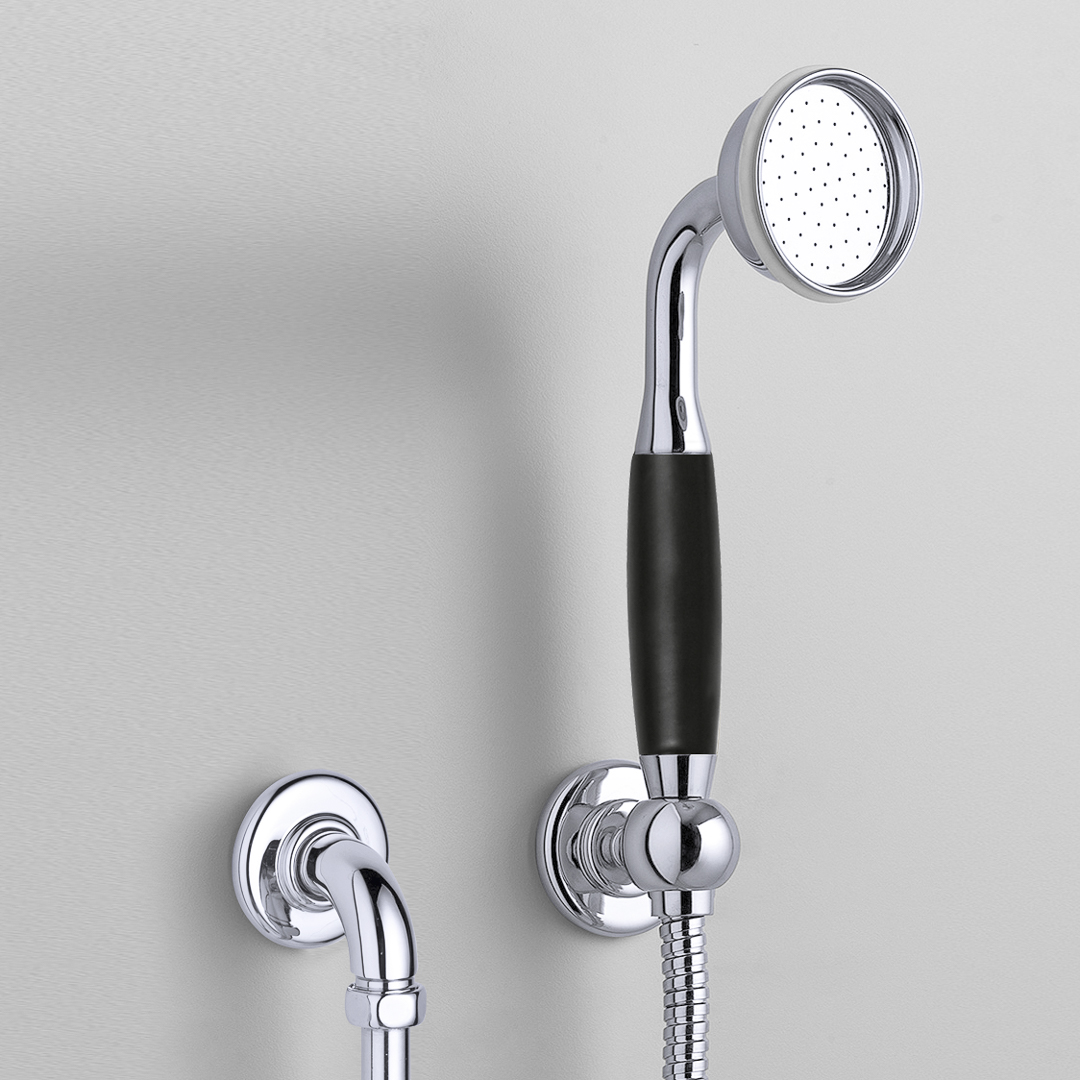 Rockwell straight handshower on hose with wall outlet, parking bracket & metal/coloured shower handle