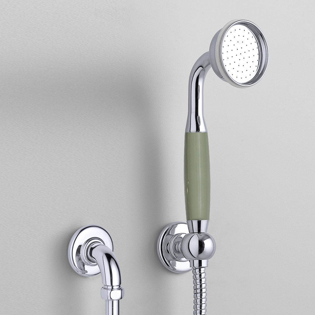 Rockwell straight handshower on hose with wall outlet, parking bracket & metal/coloured shower handle