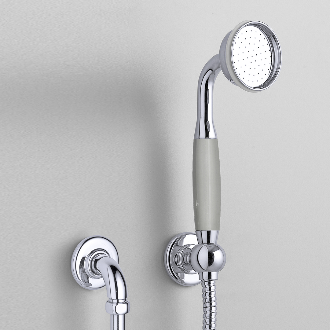 Rockwell straight handshower on hose with wall outlet, parking bracket & metal/coloured shower handle