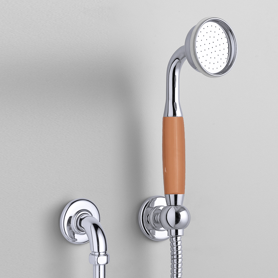 Rockwell straight handshower on hose with wall outlet, parking bracket & metal/coloured shower handle