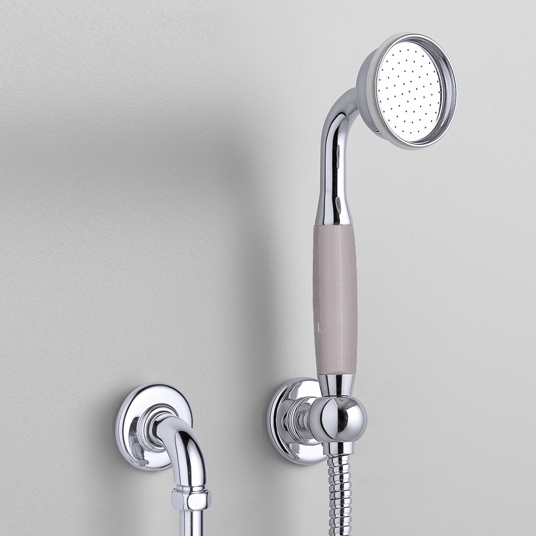 Rockwell straight handshower on hose with wall outlet, parking bracket & metal/coloured shower handle