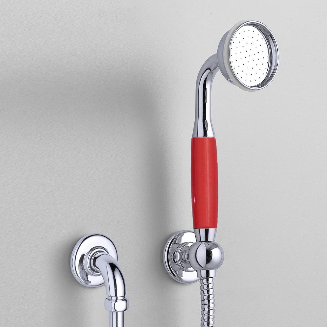 Rockwell straight handshower on hose with wall outlet, parking bracket & metal/coloured shower handle