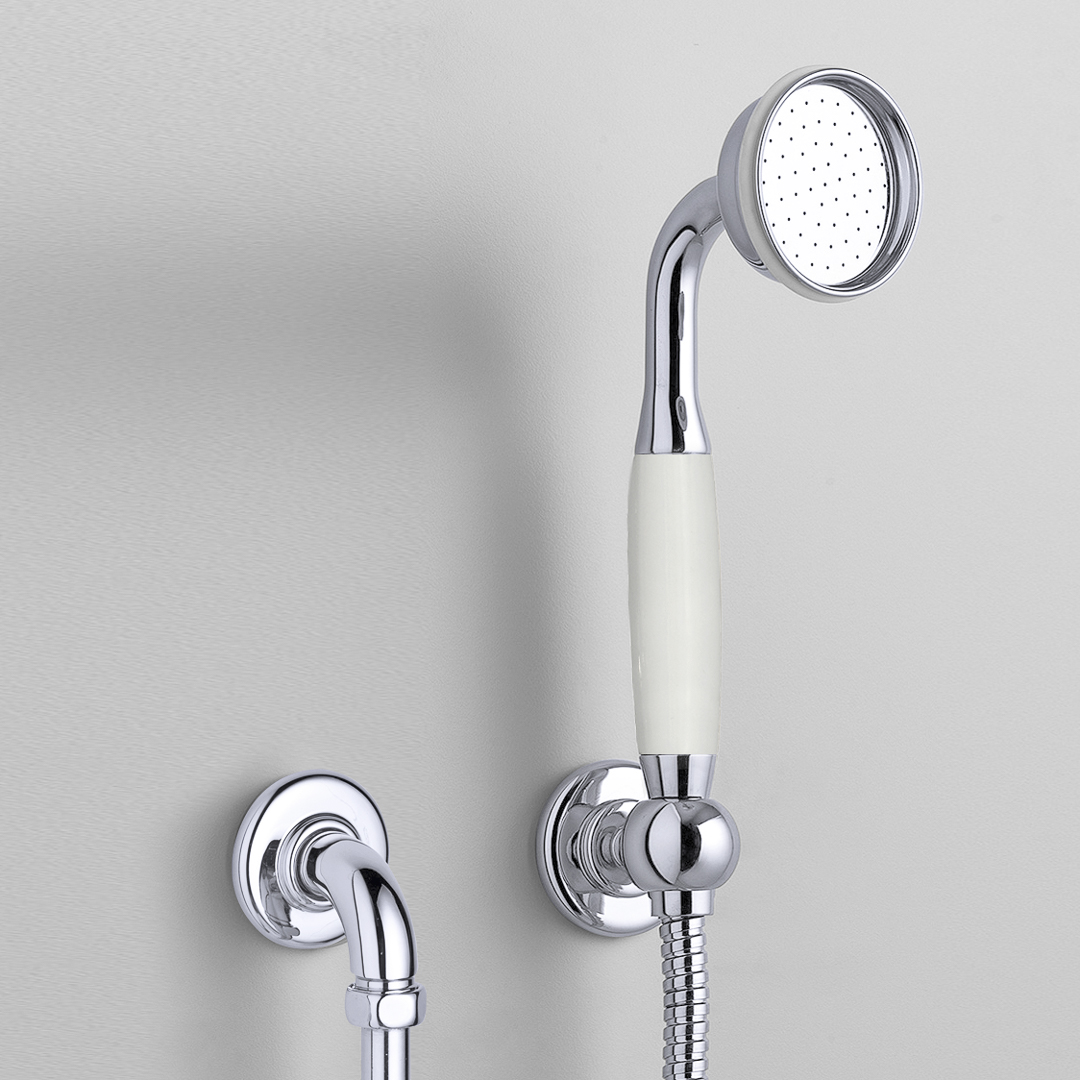 Rockwell straight handshower on hose with wall outlet, parking bracket & metal/coloured shower handle