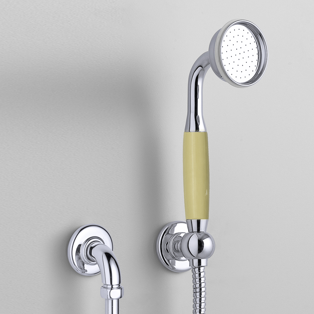 Rockwell straight handshower on hose with wall outlet, parking bracket & metal/coloured shower handle