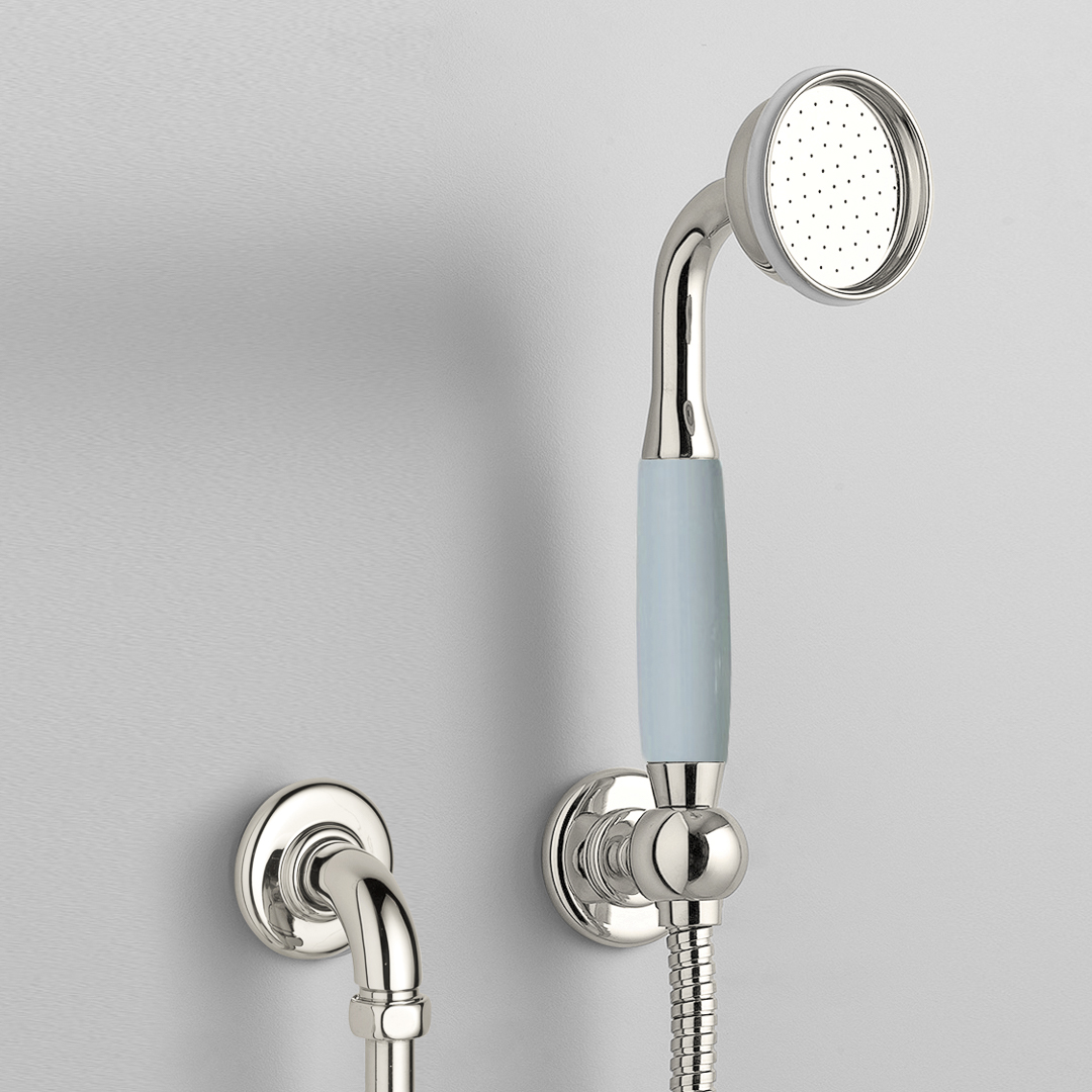 Rockwell straight handshower on hose with wall outlet, parking bracket & metal/coloured shower handle