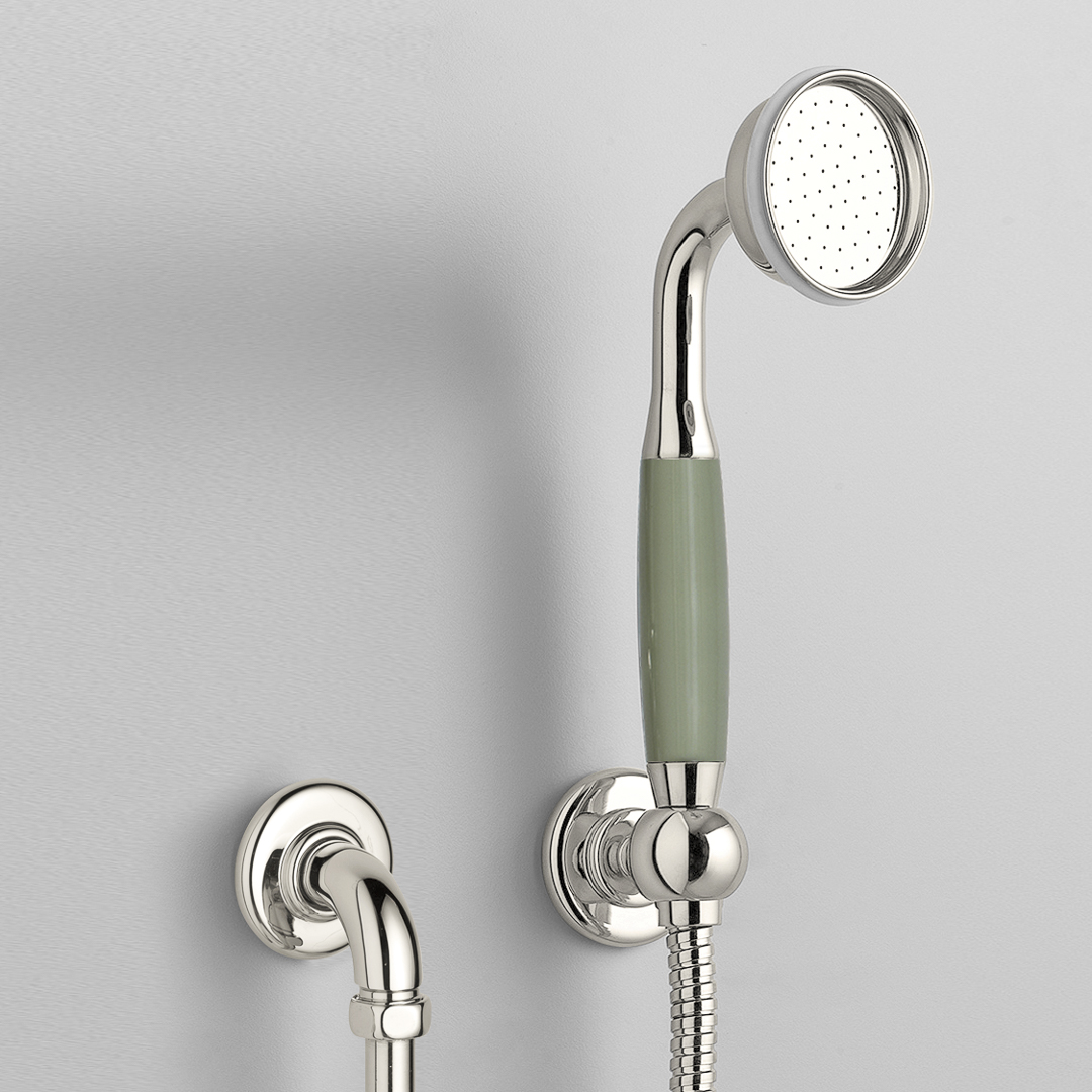 Rockwell straight handshower on hose with wall outlet, parking bracket & metal/coloured shower handle
