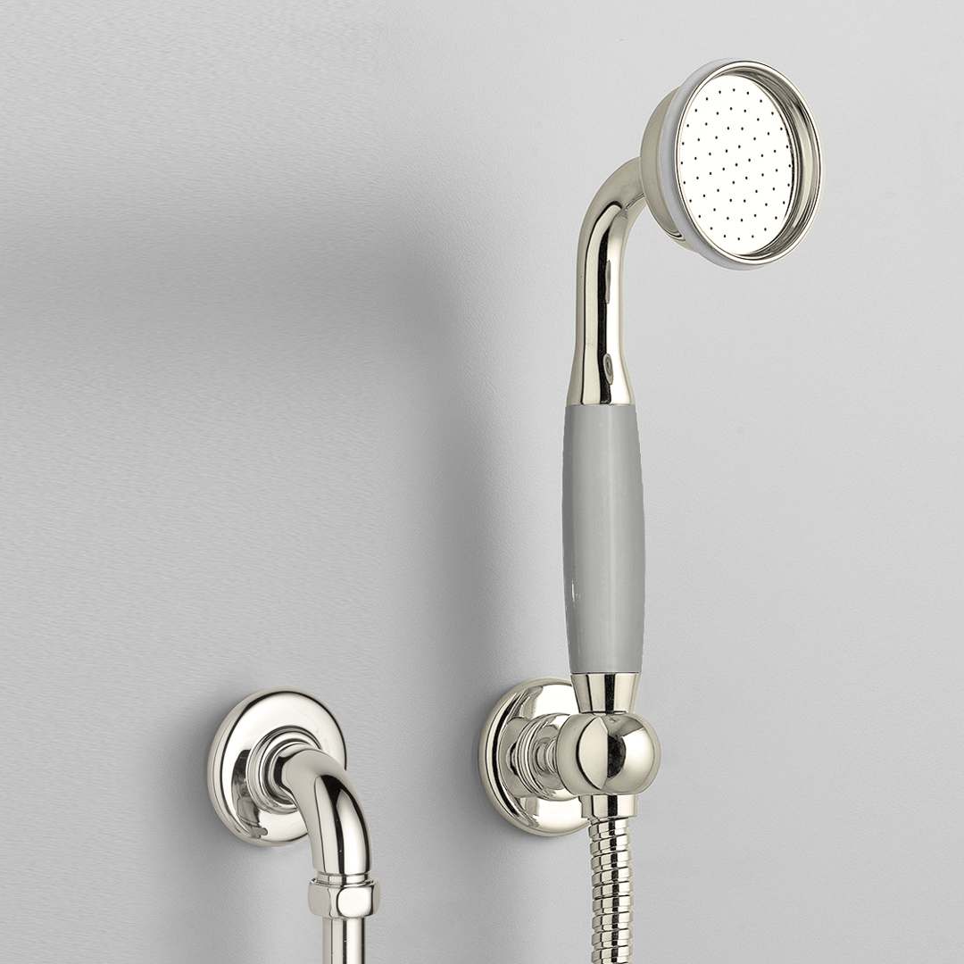 Rockwell straight handshower on hose with wall outlet, parking bracket & metal/coloured shower handle